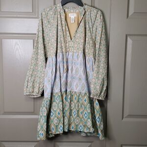 Jessica Simpson Green and White Midi Sundress with Bishop Sleeves